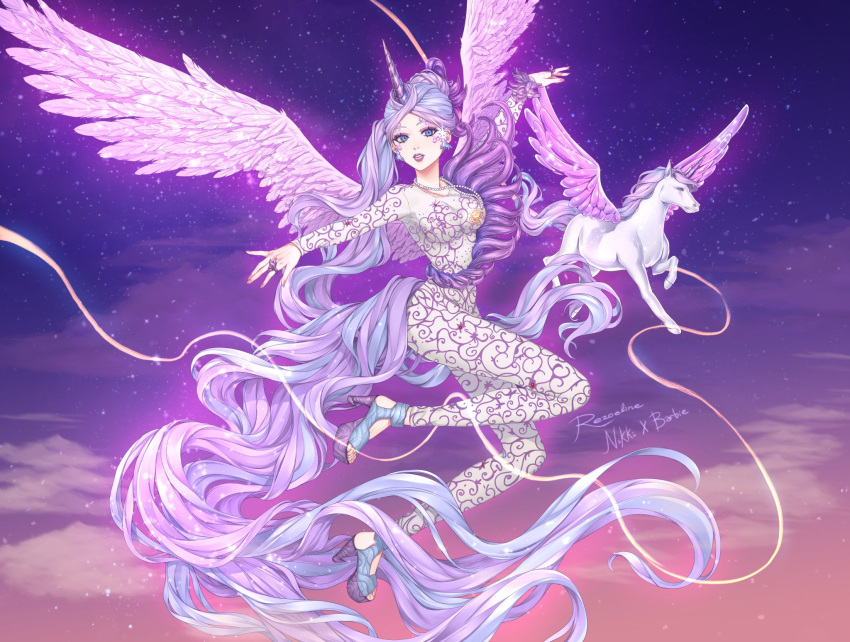 1girl alicorn_girl animal barbie_(franchise) blue_eyes bodysuit breasts doll earrings facial_tattoo feathered_wings flying high_heels highres jewelry jumpsuit light_blue_hair light_purple_hair long_hair love_nikki makeup markings miracle_nikki multicolored_hair necklace pearl_necklace pegasus pegasus_girl pegasus_wings pink_nails pink_wings ponytail purple_lips ring sky solo_focus sparkle streaked_hair tail tattoo unicorn unicorn_girl wavy_hair wings