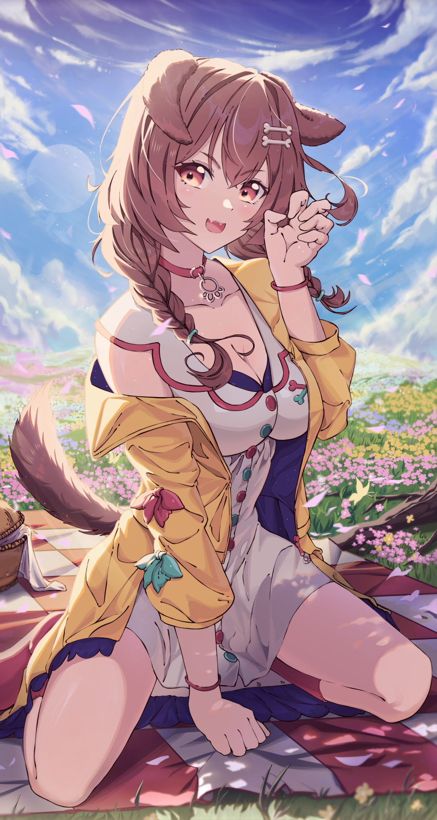 1girl :3 absurdres animal_ears bakery basket blue_sky blurry blurry_background bone bone_hair_ornament breasts brown_tail dog_ears dog_girl dog_tail dress fang food grass hair_ornament highres hololive hyunwoo inugami_korone jacket medium_breasts open_mouth picnic_basket shop sky tail teeth virtual_youtuber white_dress yellow_jacket