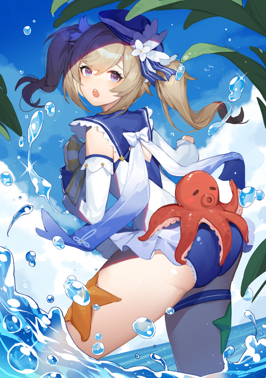 1girl :o absurdres ass ayu_(ayuyu0924) barbara_pegg beach blonde_hair blue_eyes blue_sky bow bowtie closed_eyes clouds drill_hair genshin_impact hat highres looking_at_viewer octopus one-piece_swimsuit open_mouth partially_submerged sailor_hat sky solo starfish swimsuit tentacles twin_drills twintails water