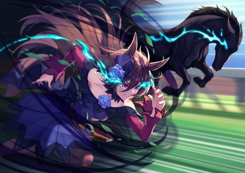 1girl animal_ears black_hair collarbone glowing glowing_eyes gothic_lolita grin hair_ornament highres horse horse_ears horse_girl horse_tail lolita_fashion long_hair looking_to_the_side motion_lines rice_shower_(umamusume) running smile solo sweat tail umamusume violet_eyes