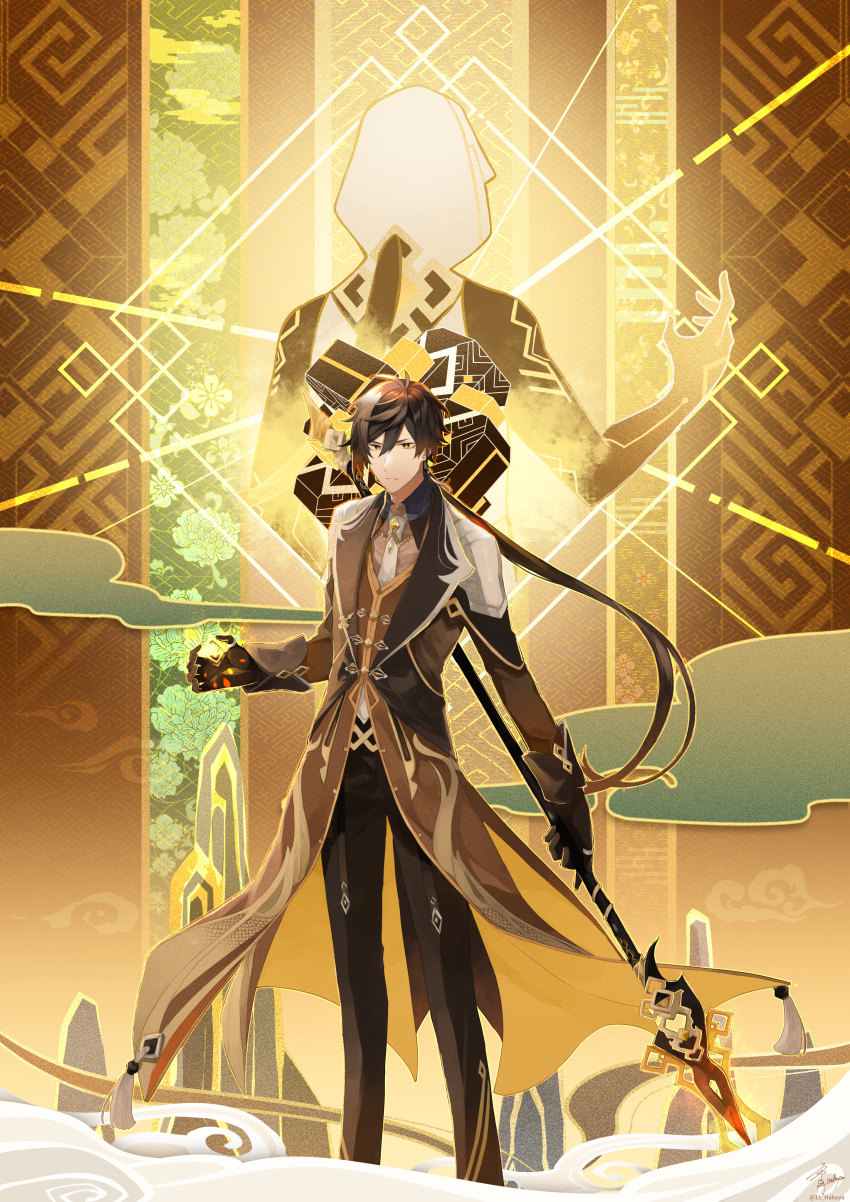 1boy absurdres alternate_costume arm_tattoo bangs bare_shoulders black_gloves black_hair closed_mouth coat coattails collared_shirt commentary_request earrings egasumi eyeliner floral_background formal from_behind genshin_impact gloves gradient_hair hair_between_eyes hair_tie hakuya_rei highres holding holding_spear holding_weapon hood hood_up hooded_coat huge_filesize jacket jewelry long_hair long_pants long_sleeves makeup male_focus multicolored_hair multiple_views necktie orange_hair pants polearm ponytail shirt single_earring sleeveless spear suit tassel tassel_earrings tattoo thumb_ring weapon white_coat yellow_eyes zhongli_(genshin_impact)