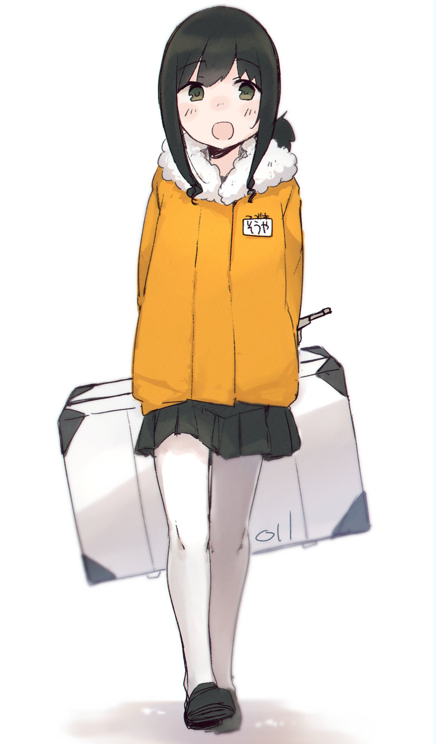 1girl absurdres black_footwear black_hair black_skirt blush cosplay eyebrows_visible_through_hair fubuki_(kancolle) full_body fur-trimmed_jacket fur_trim green_eyes highres jacket kantai_collection long_sleeves ma_rukan open_mouth orange_jacket pantyhose pleated_skirt short_hair short_ponytail signature skirt solo souya_(kancolle) souya_(kancolle)_(cosplay) white_legwear