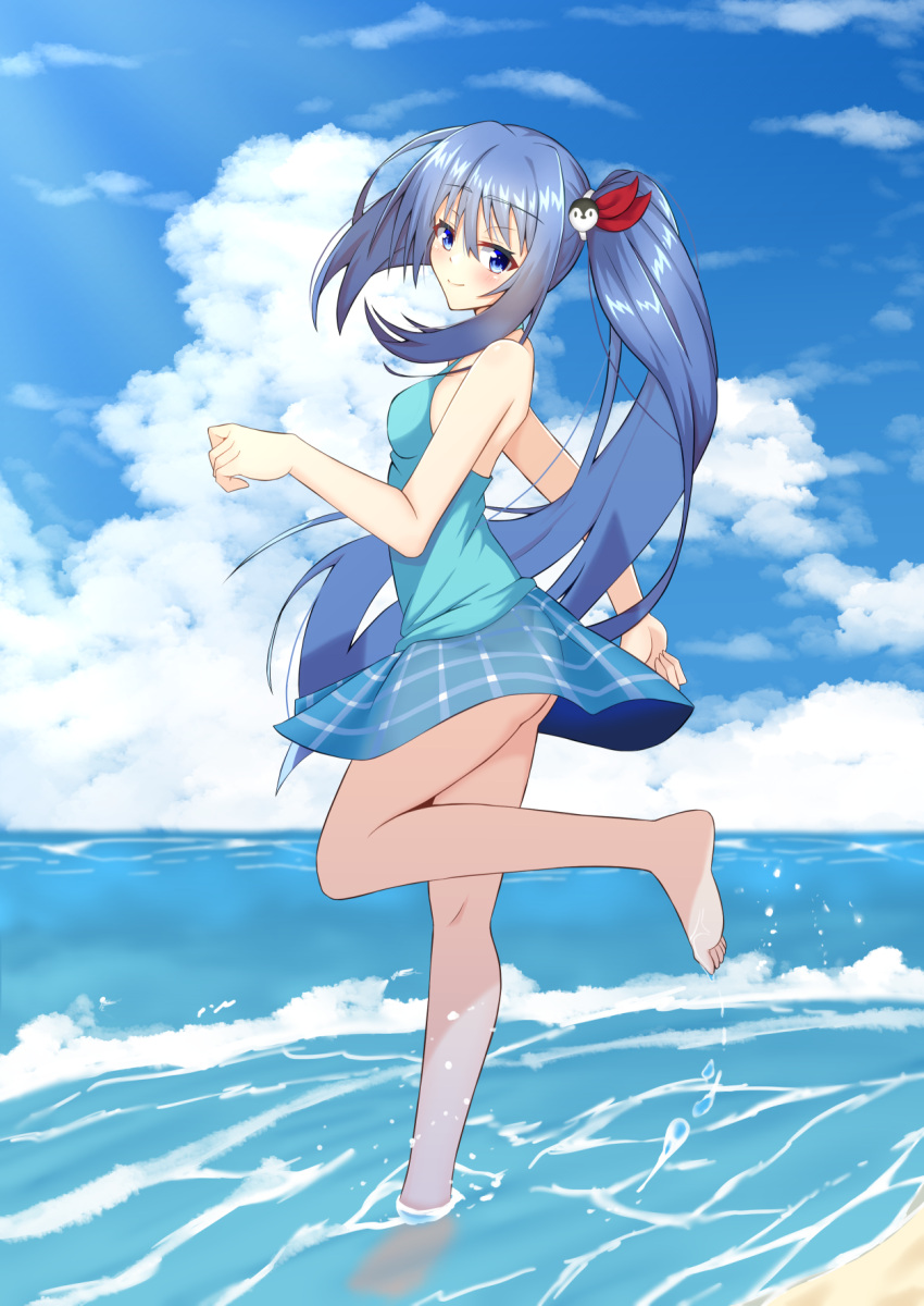 1girl bare_arms bare_shoulders barefoot blue_eyes blue_hair blue_shirt blue_skirt blue_sky breasts clouds cloudy_sky commentary_request copyright_request day foam hair_ribbon highres horizon iseshi long_hair ocean outdoors red_ribbon ribbon shirt side_ponytail skirt sky small_breasts soles solo standing standing_on_one_leg very_long_hair water waves