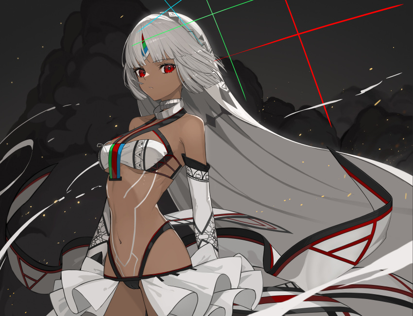 1girl absurdres altera_(fate) bangs bikini body_markings breasts bridal_veil choker dark-skinned_female dark_skin detached_sleeves fate/extella fate/extra fate/grand_order fate_(series) headpiece highres looking_at_viewer medium_breasts navel red_eyes rikui_(rella2930) short_hair silver_hair solo swimsuit tattoo veil weapon white_bikini