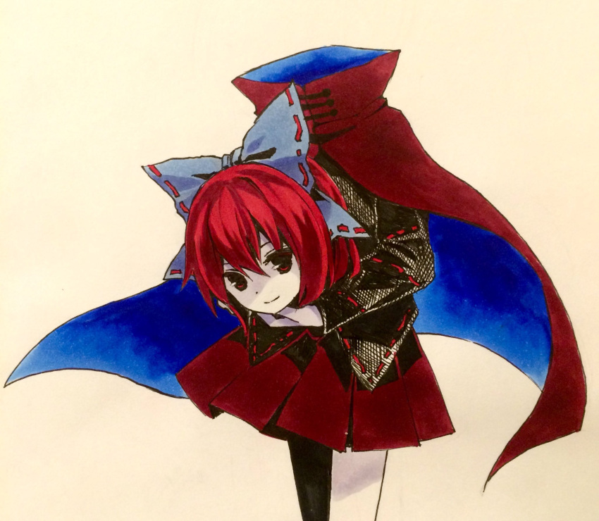black_shirt bow cape cowboy_shot disembodied_head hair_bow high_collar highres holding_head kaigen_1025 long_sleeves looking_at_viewer one-hour_drawing_challenge pleated_skirt red_cape red_eyes red_skirt redhead sekibanki shirt short_hair simple_background skirt smile touhou yellow_background