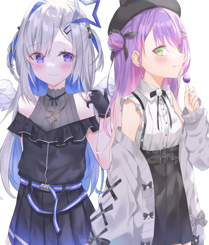 2girls absurdres amane_kanata angel bare_shoulders black_skirt blue_hair blush candy colored_inner_hair cowboy_shot eye_contact food gloves halo highres holding holding_candy holding_food holding_lollipop hololive lollipop looking_at_another lying multicolored_hair multiple_girls partially_fingerless_gloves pink_hair purple_hair silver_hair skirt sob star_halo sutei_(arece15) tokoyami_towa virtual_youtuber white_background