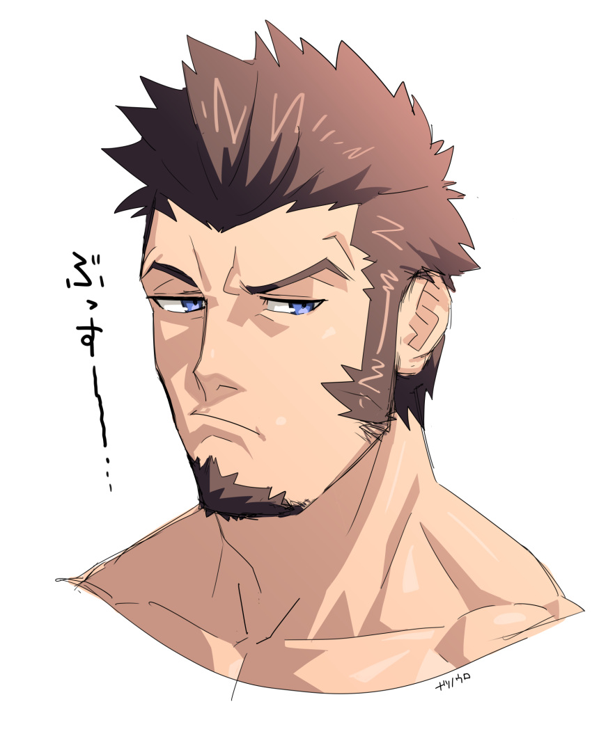 1boy blue_eyes brown_hair cropped_shoulders facial_hair fate/grand_order fate_(series) frown goatee highres long_sideburns male_focus mature_male monmonhomon napoleon_bonaparte_(fate) pout short_hair sideburns solo translation_request