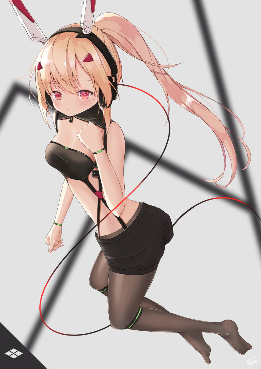 1girl absurdres alternate_costume artist_name ayanami_(azur_lane) ayanami_(rock'n_kijin)_(azur_lane) azur_lane bangs black_legwear black_shorts blonde_hair blush bracelet breasts closed_mouth eyebrows_visible_through_hair fingernails headphones highres jewelry long_hair looking_at_viewer lows. no_shoes pantyhose ponytail shorts simple_background small_breasts solo standing violet_eyes