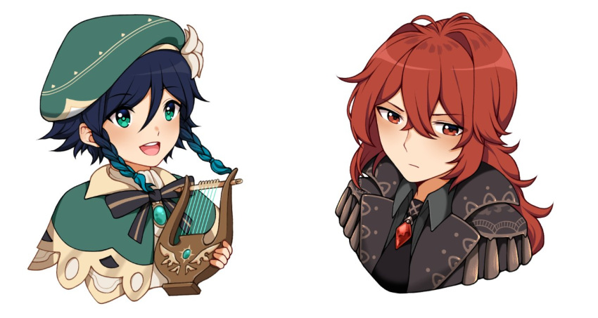 2boys :d aqua_eyes bangs beret blue_hair braid brown_eyes capelet commentary cropped_torso diluc_ragnvindr english_commentary eyebrows_visible_through_hair genshin_impact gradient_hair hair_between_eyes hat instrument lyre male_focus multicolored_hair multiple_boys newmoonshira open_mouth portrait redhead simple_background smile twin_braids venti_(genshin_impact) white_background
