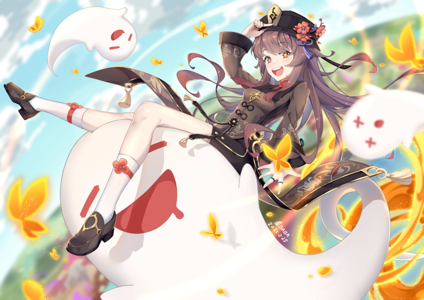 1girl :d artist_name black_coat black_footwear black_nails black_shorts blue_sky blurry blurry_background blush breasts brown_hair bug butterfly chinese_clothes chinese_commentary clouds cloudy_sky coat coattails dated day eyebrows_visible_through_hair fire floating flower flower-shaped_pupils full_body genshin_impact hat hat_flower highres hu_tao_(genshin_impact) insect jewelry long_hair looking_at_viewer mouth_drool multiple_rings nail_polish open_mouth outdoors plum_blossoms porkpie_hat red_eyes ring shoes short_shorts shorts signature sitting sky small_breasts smile socks solo spirit symbol-shaped_pupils tassel white_legwear x_x yu_e_baba