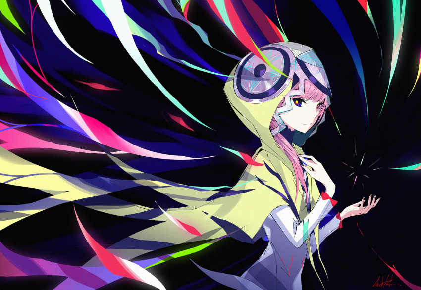 1girl absurdres capelet expressionless highres hood hood_up hooded_capelet kaf kamitsubaki_studio long_hair long_sleeves looking_at_viewer multicolored multicolored_background multicolored_eyes official_art palow pink_hair see-through side_ponytail signature solo upper_body virtual_youtuber yellow_pupils