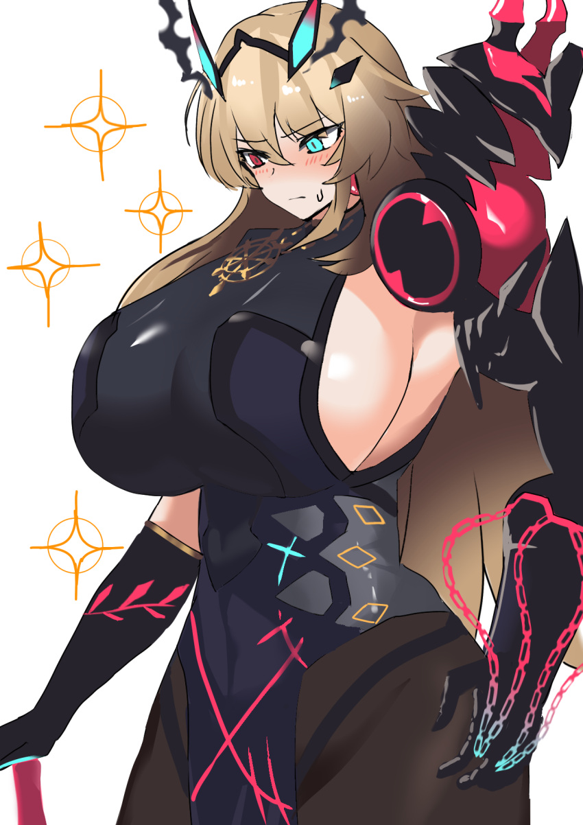 1girl abs armor bangs bare_shoulders black_dress black_gloves blonde_hair blue_eyes breasts brown_legwear chain covered_navel dress elbow_gloves fate/grand_order fate_(series) gauntlets gawain_(fairy_knight)_(fate) gloves heterochromia highres horns huge_breasts long_hair looking_to_the_side muscular muscular_female pantyhose pauldrons pelvic_curtain red_eyes shoulder_armor sideboob single_gauntlet single_pauldron sparkle sword thighs toned uumi weapon