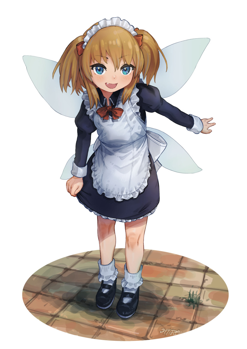 1girl :d absurdres alternate_costume apron black_dress blue_eyes blush dress enmaided fairy_wings fang full_body highres juliet_sleeves long_sleeves looking_at_viewer maid maid_headdress misohagi open_mouth orange_hair puffy_sleeves simple_background smile solo sunny_milk touhou two_side_up white_background wings