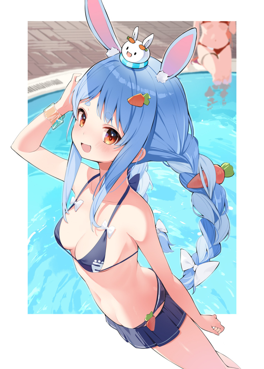 2girls :d animal_ears bikini blue_bikini blue_hair bow bracelet braid breasts bunny-shaped_pupils carrot_hair_ornament commentary_request food-themed_hair_ornament hair_bow hair_ornament hana_mori highres hololive houshou_marine jewelry looking_at_viewer medium_breasts multicolored_hair multiple_girls navel open_mouth orange_eyes pool rabbit_ears smile swimsuit twin_braids two-tone_hair usada_pekora virtual_youtuber water white_bow white_hair