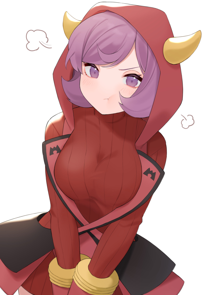 1girl :t =3 bangs blush breasts closed_mouth commentary_request courtney_(pokemon) eyelashes fake_horns gloves highres hood hood_up horns looking_at_viewer nagoooon_114 pokemon pokemon_(game) pokemon_oras pout purple_hair short_hair simple_background solo team_magma team_magma_uniform turtleneck violet_eyes white_background