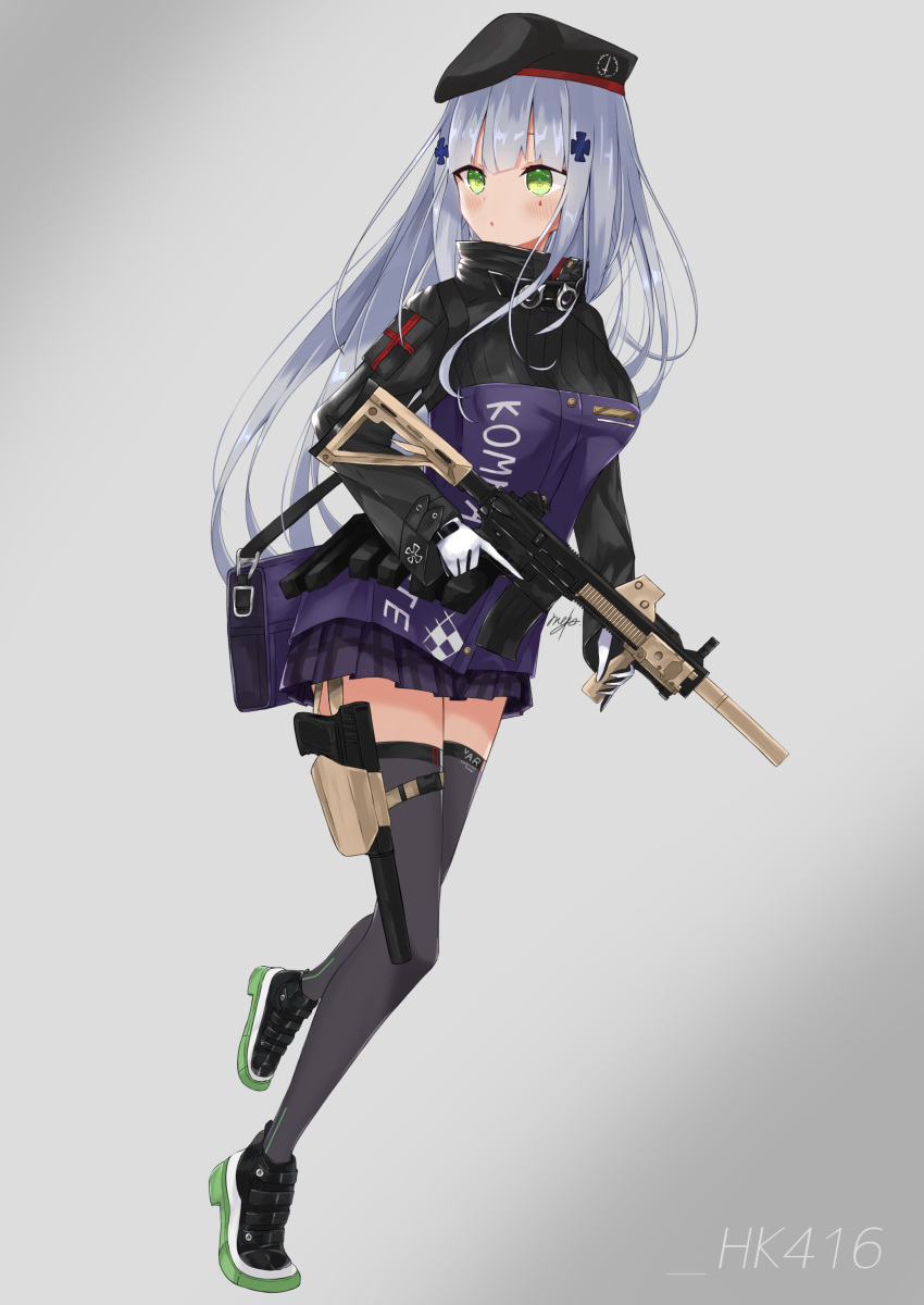 1girl absurdres assault_rifle bag bangs beret black_legwear blue_hair blush breasts character_name checkered checkered_skirt closed_mouth eyebrows_visible_through_hair girls_frontline gloves green_eyes grey_background gun h&amp;k_hk416 hat highres hk416_(girls_frontline) holding holding_weapon holstered_weapon long_hair looking_away lows. rifle shoes skirt solo standing thigh-highs uniform weapon white_gloves