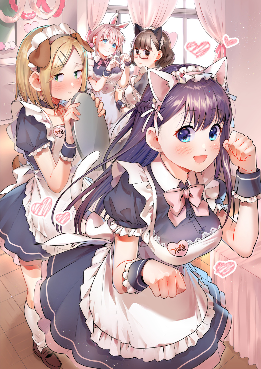 4girls :d absurdres animal_ears apron black_dress blue_eyes blush bow bowtie breasts brown_footwear cat_ears closed_mouth curtains dog_ears dog_tail dress eyebrows_visible_through_hair fake_animal_ears geshumaro glasses green_eyes hair_ornament hairband hairclip hands_up heart heart_hands highres holding holding_tray indoors large_breasts long_hair looking_at_viewer maid maid_apron medium_hair multiple_girls open_mouth paw_pose pink_bow pink_neckwear puffy_short_sleeves puffy_sleeves purple_hair red-framed_eyewear semi-rimless_eyewear shoes short_sleeves smile socks tail tray tsubaki-sama_wa_sakihokore_nai under-rim_eyewear white_apron white_legwear wing_collar