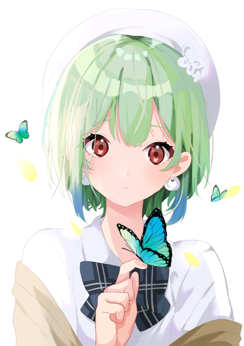 00saeki 1girl bangs blue_bow blue_bowtie blue_butterfly blue_hair bow bowtie bug butterfly butterfly_on_hand collared_shirt commentary_request earrings green_hair highres hololive jewelry looking_at_viewer multicolored_hair off_shoulder parted_lips plaid plaid_bow plaid_bowtie red_eyes shirt short_hair simple_background solo streaked_hair uruha_rushia virtual_youtuber white_background white_headwear white_shirt