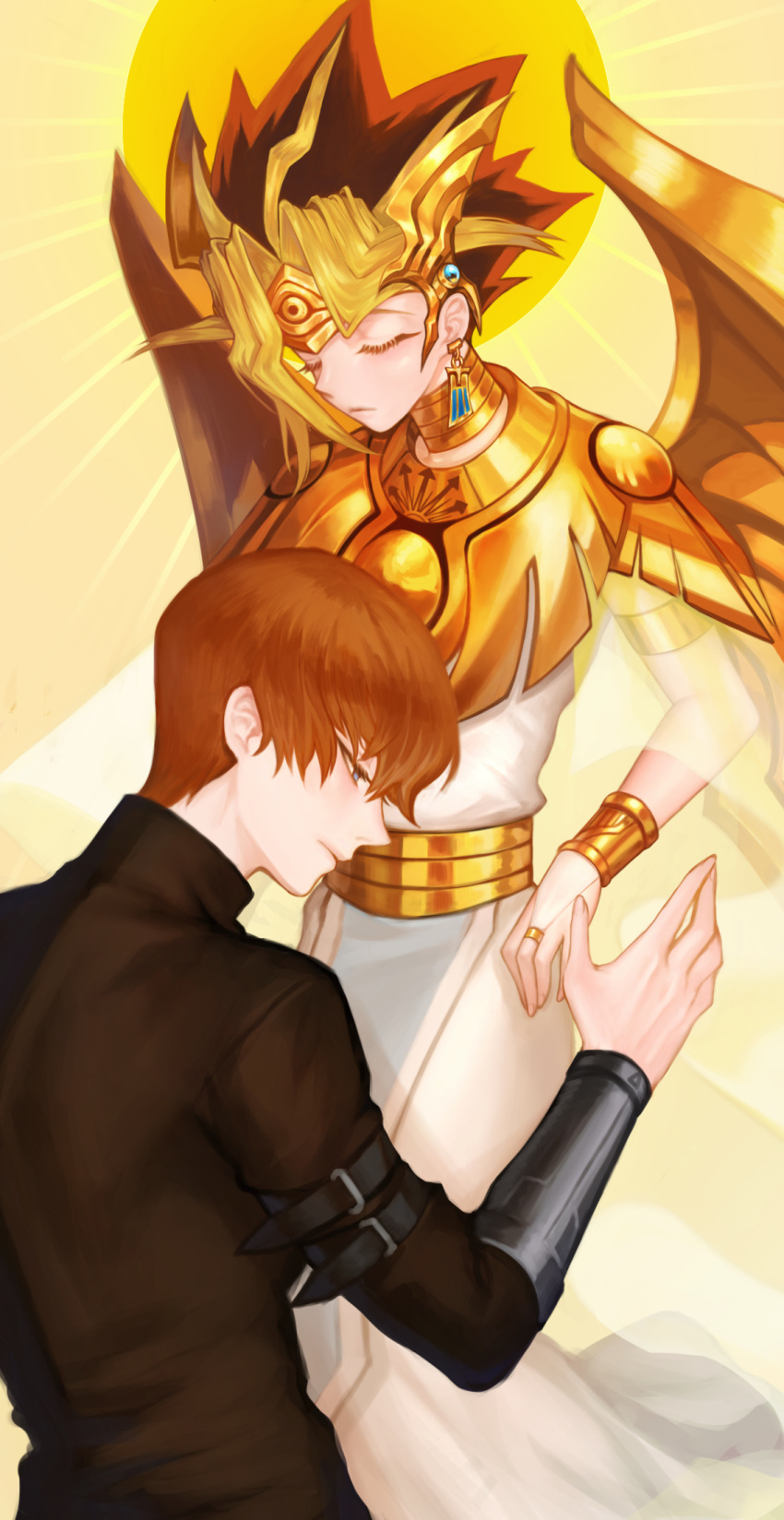 2boys atem bangs blonde_hair bracelet brown_hair closed_eyes closed_mouth earrings eyelashes highres jewelry kaiba_seto male_focus multicolored_hair multiple_boys on_(isk1812) ring short_hair symbol-only_commentary wings yellow_background yu-gi-oh! yu-gi-oh!_duel_monsters