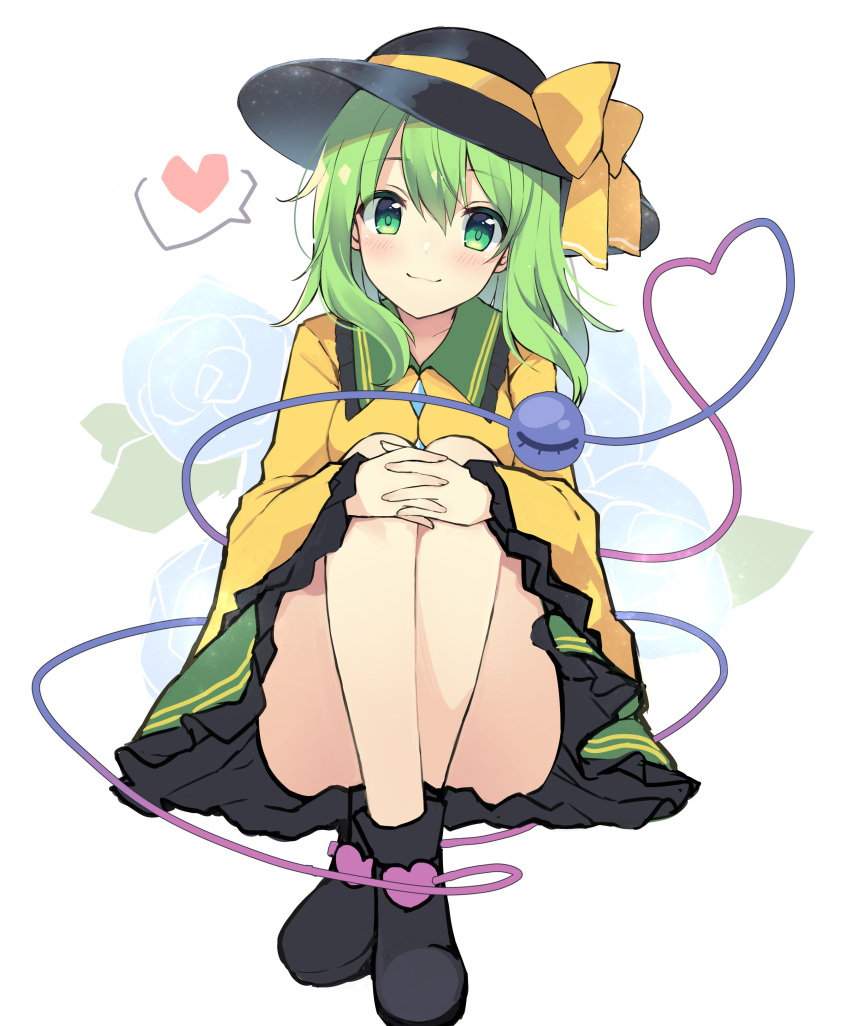 1girl absurdres blouse bow collared_shirt commentary_request eyeball floral_print frilled_shirt_collar frilled_sleeves frills green_eyes green_hair green_skirt hat hat_bow heart heart_of_string highres komeiji_koishi long_sleeves ribbon ruhika shirt silver_hair sitting skirt smile third_eye touhou wavy_hair wide_sleeves yellow_blouse yellow_bow yellow_ribbon yellow_shirt