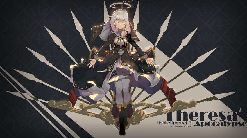 1girl bangs black_footwear boots closed_eyes closed_mouth cross_(weapon) full_body hair_between_eyes halo highres honkai_(series) honkai_impact_3rd leg_up long_sleeves nun outstretched_arms polearm side_ponytail solo spear standing standing_on_one_leg theresa_apocalypse theresa_apocalypse_(valkyrie_pledge) thigh-highs weapon white_hair white_legwear zxllor