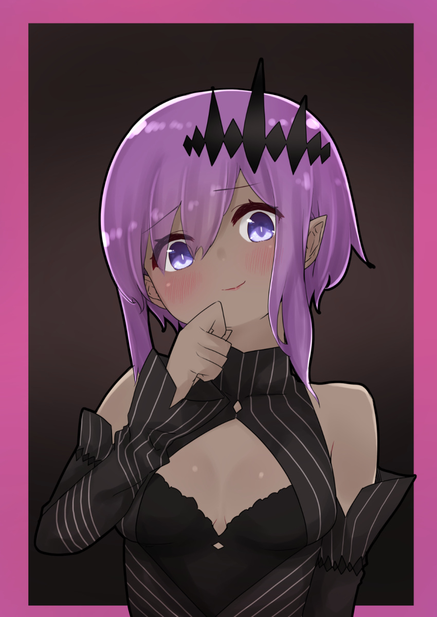 1girl bangs bare_shoulders black_dress black_sleeves breasts closed_mouth dark-skinned_female dark_skin detached_sleeves dress eyebrows_visible_through_hair fate/prototype fate/prototype:_fragments_of_blue_and_silver fate_(series) hair_between_eyes hand_up hassan_of_serenity_(fate) head_tilt highres i.u.y long_sleeves looking_at_viewer pointy_ears purple_hair sleeveless sleeveless_dress sleeves_past_wrists small_breasts smile solo upper_body violet_eyes