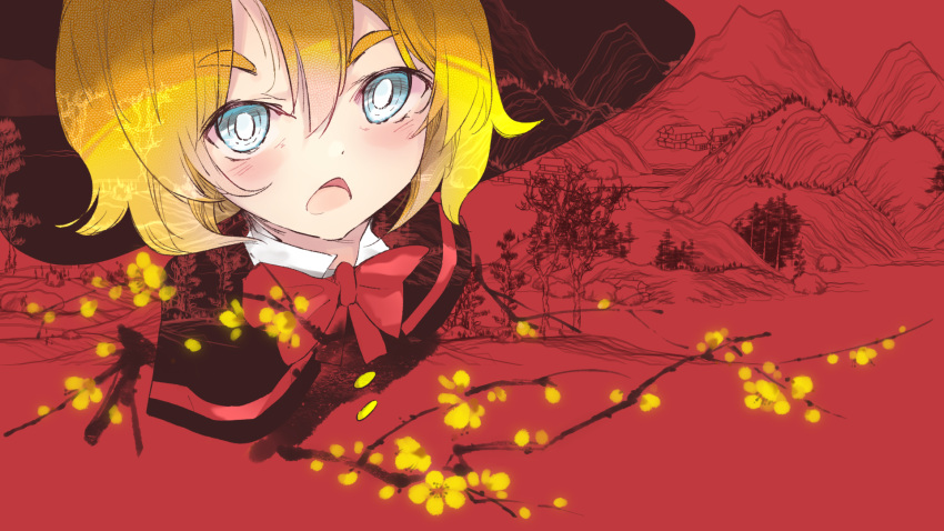 1girl architecture bangs black_capelet black_headwear blonde_hair blue_eyes blush bow bowtie bright_pupils building capelet chinese_new_year commentary_request cookie_(touhou) cropped_torso east_asian_architecture eyebrows_visible_through_hair fairyfloss hair_between_eyes highres kirisame_marisa looking_at_viewer meguru_(cookie) mountain open_mouth red_bow red_neckwear red_theme short_hair solo touhou tree upper_body white_pupils