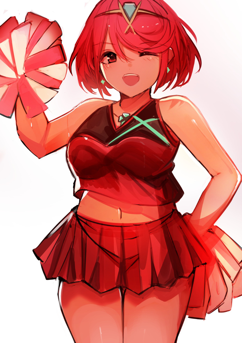 1girl absurdres bangs bare_shoulders blush breasts cheerleader chest_jewel crop_top earrings highres holding holding_pom_poms jewelry large_breasts looking_at_viewer midriff navel one_eye_closed open_mouth plump pom_pom_(cheerleading) pyra_(xenoblade) red_eyes redhead short_hair simple_background skirt sleeveless smile solo swept_bangs tarbo_(exxxpiation) tiara xenoblade_chronicles_(series) xenoblade_chronicles_2