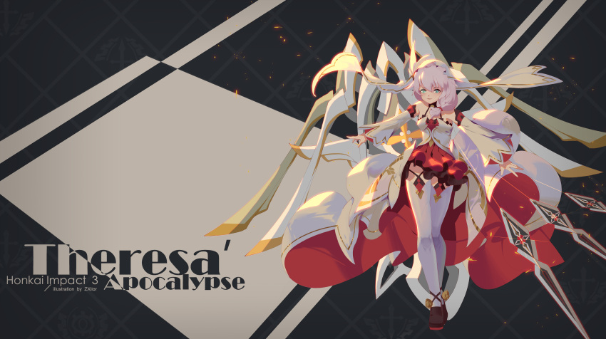1girl absurdres bangs bare_shoulders blue_eyes closed_mouth cross_(weapon) hair_between_eyes highres honkai_(series) honkai_impact_3rd kneehighs looking_at_viewer outstretched_arms red_skirt shoes side_ponytail skirt solo standing theresa_apocalypse theresa_apocalypse_(celestial_hymn) weapon white_hair white_legwear zxllor