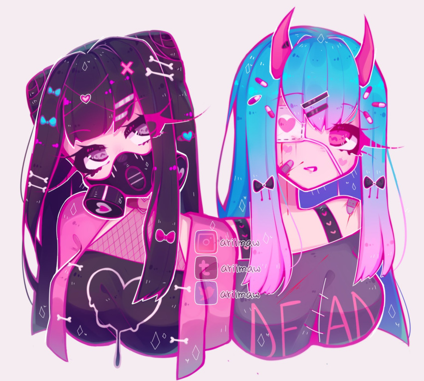 2girls ariimaw bandages bangs black_hair blood blood_on_face blue_hair blunt_bangs bone_hair_ornament breasts cartoon_bone english_commentary english_text eyepatch fishnets gas_mask gradient_hair hair_between_eyes hair_ornament hairclip halterneck heart heart_print highres instagram_logo instagram_username large_breasts long_hair medical_eyepatch multicolored_hair multiple_girls original parted_lips pink_eyes pink_hair simple_background tumblr_logo tumblr_username twitter_logo twitter_username violet_eyes