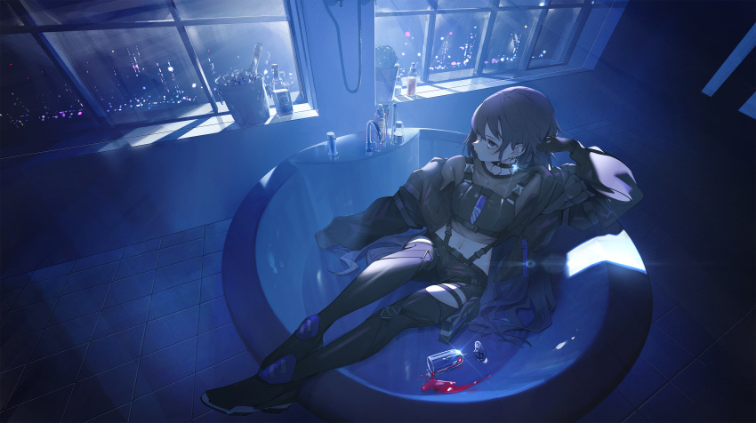 1girl absurdres alcohol arm_at_side arm_up bangs bathtub black_footwear black_gloves black_hair black_legwear blue_eyes blush boots bottle bucket buckle choker city city_lights commentary_request cup drinking_glass earrings faucet full_body gloves highres ice ice_bucket indoors jacket jewelry kamitsubaki_studio koko_(kamitsubaki_studio) legs_up lens_flare long_hair looking_afar looking_away looking_to_the_side navel off_shoulder plant potted_plant see-through shiomi_(lowrise) shorts sitting soap_bottle solo thigh-highs thigh_boots virtual_youtuber window wine wine_bottle wine_glass