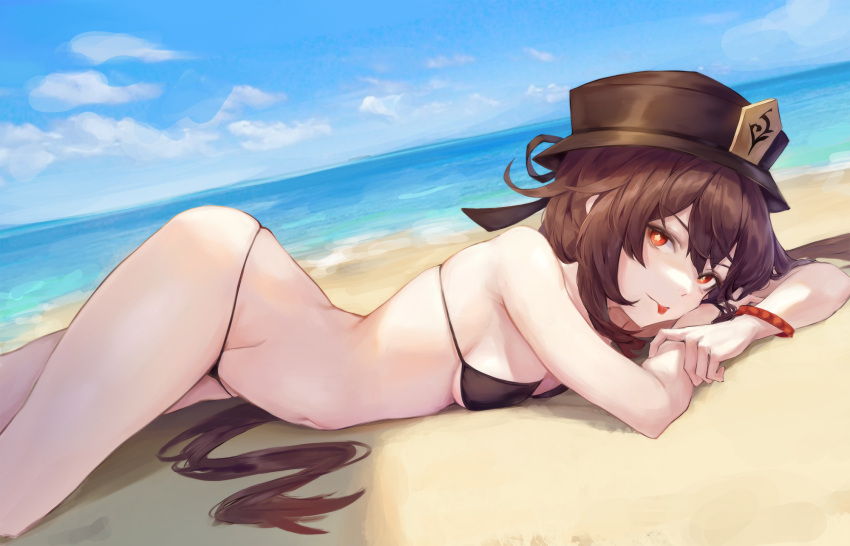 1girl bare_shoulders beach bikini black_bikini black_headwear bracelet breasts brown_hair closed_mouth day genshin_impact groin hat highres hiki_niito horizon hu_tao_(genshin_impact) jewelry long_hair looking_at_viewer lying navel ocean on_stomach outdoors red_eyes skindentation small_breasts solo star-shaped_pupils star_(symbol) stomach string_bikini swimsuit symbol-shaped_pupils thighs tongue tongue_out very_long_hair