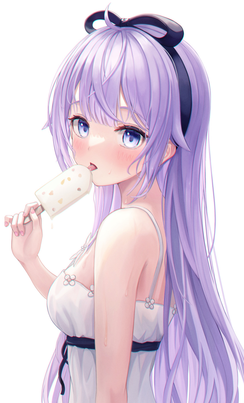 1girl absurdres azur_lane bangs black_bow black_hairband blush bow breasts commentary_request dress eyebrows_visible_through_hair food funii hair_bow hairband highres holding holding_food ice_cream long_hair looking_at_viewer looking_to_the_side purple_hair simple_background sleeveless sleeveless_dress small_breasts solo unicorn_(azur_lane) very_long_hair violet_eyes white_background white_dress