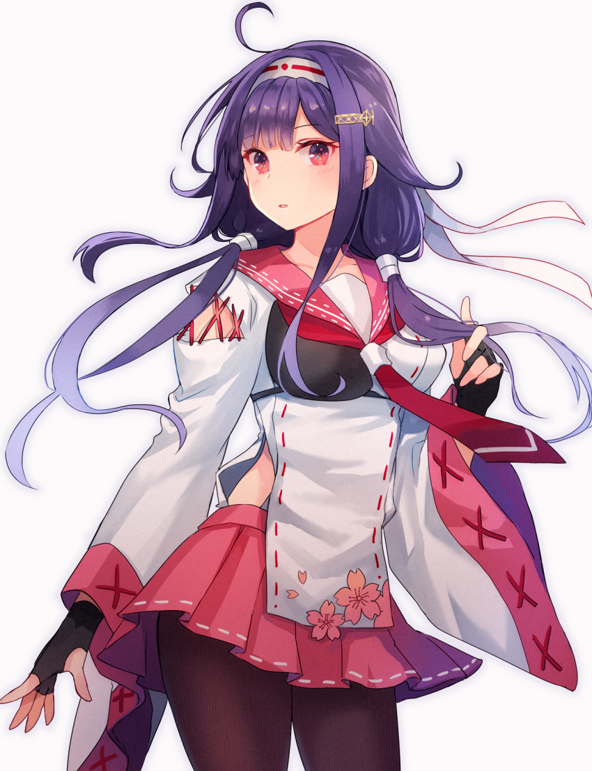 1girl ahoge black_gloves black_legwear blush collarbone cowboy_shot eyebrows_visible_through_hair fingerless_gloves gloves hair_flaps highres japanese_clothes kantai_collection kasumi_(skchkko) long_hair long_sleeves low_twintails pantyhose pink_skirt pleated_skirt purple_hair red_eyes remodel_(kantai_collection) ryuuhou_(kancolle) simple_background skirt solo taigei_(kancolle) twintails white_background wide_sleeves
