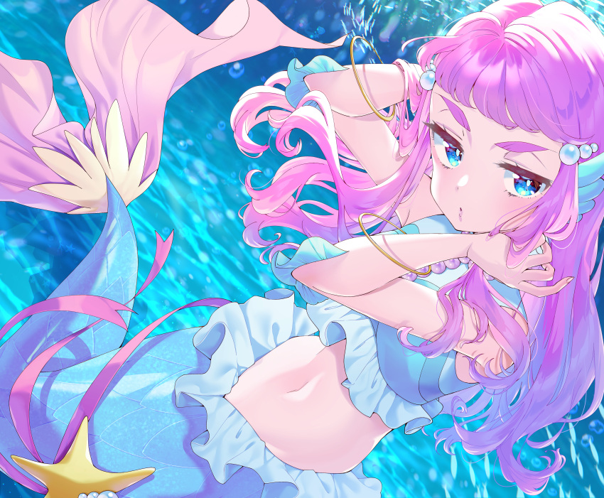 1girl absurdres blue_eyes fins head_fins highres laura_la_mer long_hair looking_at_viewer mermaid midriff monster_girl navel pink_hair precure solo thick_eyebrows tropical-rouge!_precure water yupiteru