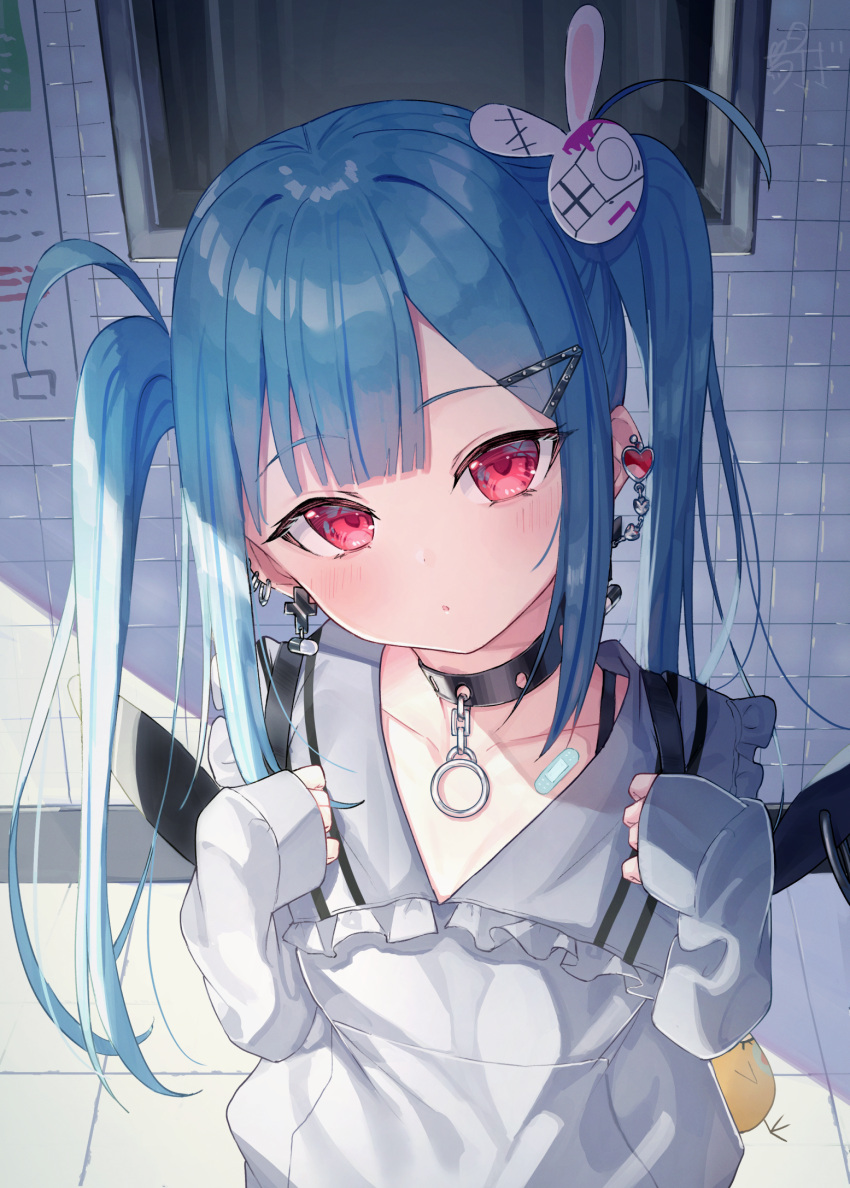 1girl :o bandaid bangs black_collar blue_hair bunny_hair_ornament collar collarbone collared_shirt commentary_request ear_piercing eyebrows_visible_through_hair frilled_shirt_collar frills grey_shirt hair_ornament hairclip hands_up heart highres long_hair long_sleeves looking_at_viewer original parted_lips piercing red_eyes shirt sleeves_past_fingers sleeves_past_wrists solo tile_wall tiles tsukiman twintails upper_body very_long_hair window