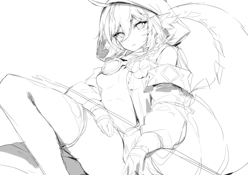 1girl absurdres ahoge arknights bare_shoulders breasts crocodilian_tail feet_out_of_frame flower goggles goggles_around_neck greyscale highres holding hood hood_up knee_up looking_at_viewer molyb monochrome open_clothes open_shirt pointy_ears short_hair sketch small_breasts solo tail thigh-highs tomimi_(arknights)