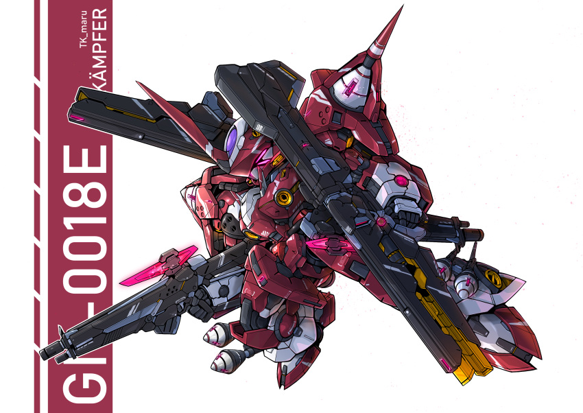 absurdres beam_saber character_name chibi extra_eyes fusion gn-x gn_drive gundam gundam_00 gundam_0080 highres horns kampfer_(mobile_suit) mecha no_humans pink_eyes science_fiction single_horn solo takamaru_(taka1220) white_background