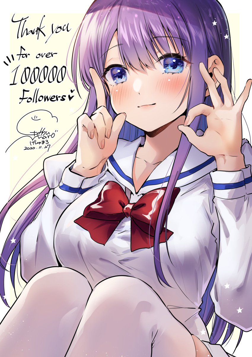 1girl absurdres blue_eyes blush border bow bowtie closed_mouth dated geshumaro hands_up highres juliet_sleeves long_hair long_sleeves looking_at_viewer milestone_celebration ok_sign puffy_sleeves purple_hair red_bow red_neckwear sailor_collar school_uniform serafuku signature sitting smile solo thank_you thigh-highs tsubaki-sama_wa_sakihokore_nai white_border white_legwear white_sailor_collar yellow_background