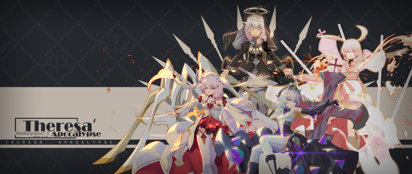 4girls absurdres animal_ears armpits bangs bare_shoulders black_gloves blue_eyes closed_eyes closed_mouth cross_(weapon) elbow_gloves fox_ears gloves hair_between_eyes halo highres honkai_(series) honkai_impact_3rd japanese_clothes katana kimono kneehighs long_hair looking_at_viewer looking_to_the_side multiple_girls multiple_persona nun open_mouth outstretched_arms pink_eyes pink_hair polearm red_skirt skirt spear sword theresa_apocalypse theresa_apocalypse_(celestial_hymn) theresa_apocalypse_(sakura_rondo) theresa_apocalypse_(valkyrie_pledge) theresa_apocalypse_(violet_executer) weapon white_hair white_legwear zxllor