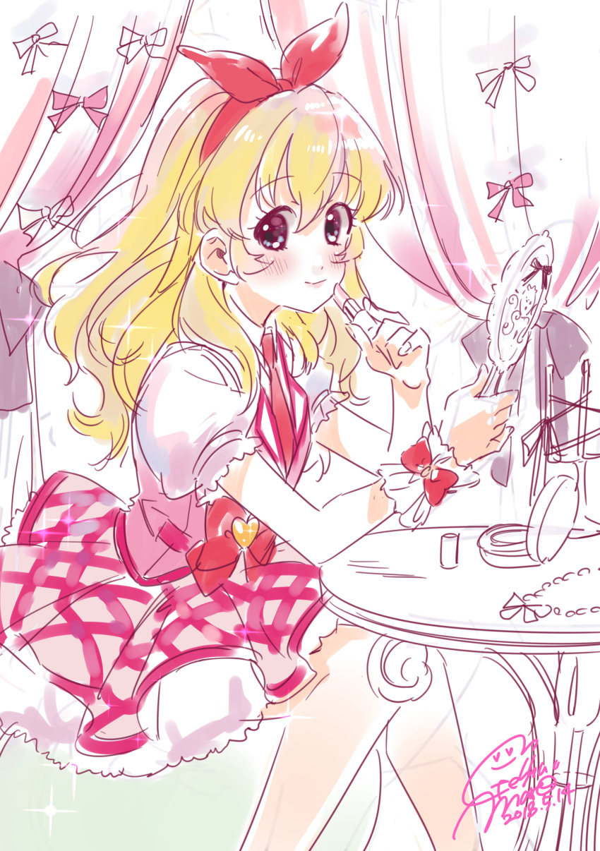 1girl absurdres aikatsu! aikatsu!_(series) applying_makeup blonde_hair blush bow bow_hairband cosmetics dated from_side geshumaro grey_eyes hair_bow hairband highres holding holding_mirror hoshimiya_ichigo lipstick_tube long_hair looking_at_viewer looking_to_the_side mirror pink_skirt pink_vest puffy_short_sleeves puffy_sleeves red_bow red_hairband shirt short_sleeves signature sitting skirt smile solo table vest white_shirt