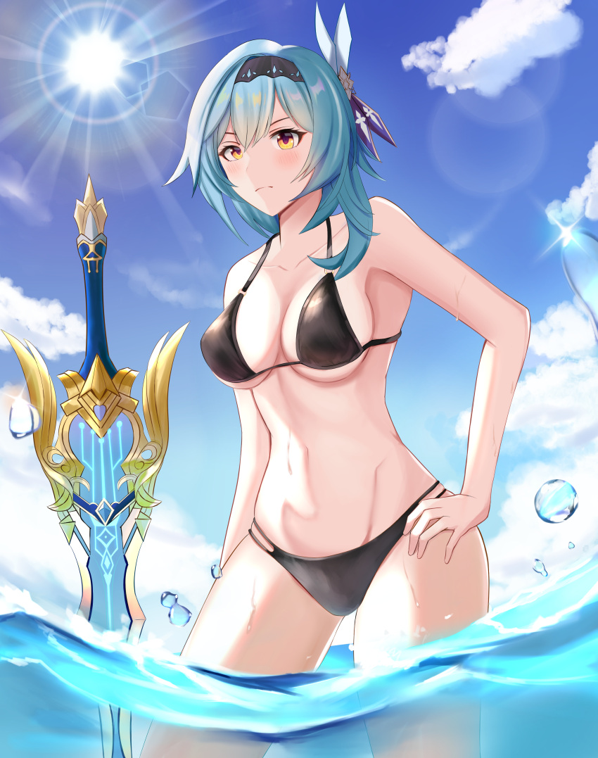 1girl absurdres bangs bikini black_hairband blue_hair blush breasts closed_mouth clouds cloudy_sky commentary_request day english_commentary eula_lawrence genshin_impact hair_ornament hairband hand_on_hip highres jeedjard_fighto lens_flare looking_at_viewer medium_breasts medium_hair multicolored multicolored_eyes outdoors partially_submerged planted planted_sword sky solo sparkle sun sunlight swimsuit sword violet_eyes water weapon yellow_eyes
