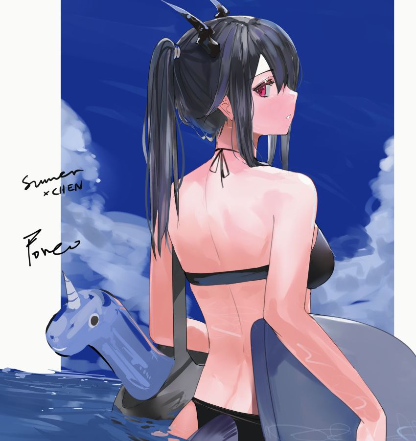 1girl absurdres arknights bangs bare_arms bare_shoulders bikini black_bikini black_hair blue_sky breasts ch'en_(arknights) character_name clouds commentary day dragon_horns from_behind halterneck highres horns long_hair looking_at_viewer looking_back medium_breasts outdoors parted_lips ponytail profile red_eyes sky solo swimsuit upper_body wading water yougashi