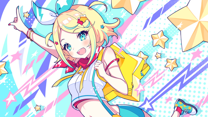 1girl aqua_eyes aqua_nails aqua_shorts bag blonde_hair bow crop_top hair_bow hair_ornament index_finger_raised kagamine_rin lightning_bolt_print looking_at_viewer midriff multicolored multicolored_nails navel neckerchief open_mouth outstretched_arm red_nails red_neckwear school_bag shirt shoes short_hair shorts smile sneakers solo star_(symbol) star_hair_ornament suspender_shorts suspenders tatejima_uri upper_body vocaloid white_bow white_shirt