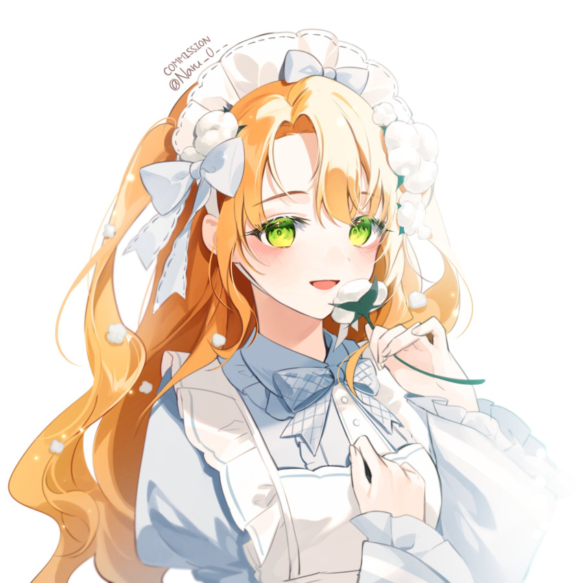 1girl :d apron bangs blush bow bowtie copyright_request eyebrows_visible_through_hair flower frills green_eyes hair_bow headdress highres holding holding_flower juliet_sleeves long_hair long_sleeves looking_at_viewer maid maid_apron naru_0 open_mouth puffy_sleeves ribbon simple_background smile solo twitter_username upper_body white_background white_bow white_flower