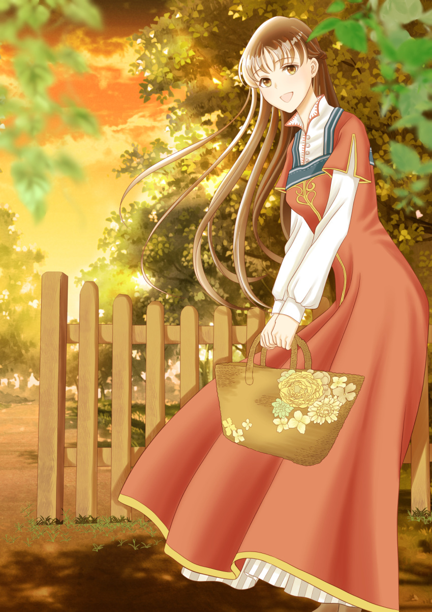 1girl basket brown_eyes brown_hair clouds dress fence highres holding holding_basket kazuki_teru long_hair long_sleeves orange_sky seijo_no_maryoku_wa_bannou_desu sky solo standing takanashi_sei tree