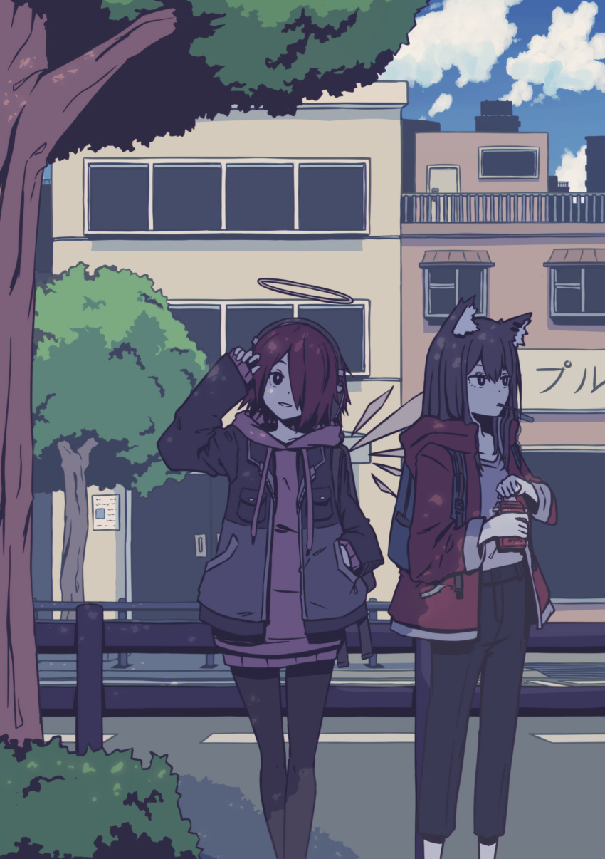 2girls absurdres alternate_costume animal_ears arknights black_hair eating energy_wings exusiai_(arknights) food food_in_mouth greedydeviant halo headphones highres hood hoodie multiple_girls pants pocky redhead road skirt street texas_(arknights) thigh-highs wolf_ears wolf_girl