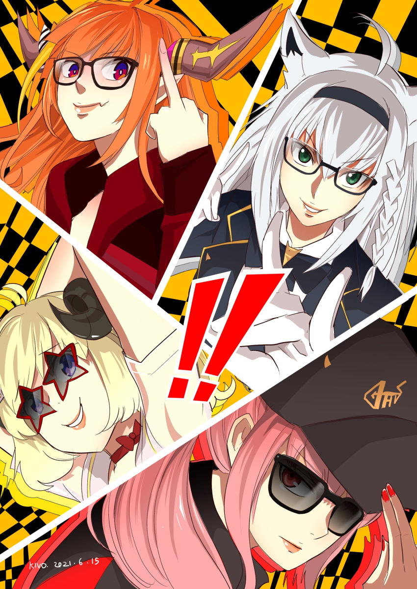 ! !! 4girls absurdres all-out_attack animal_ears baseball_cap black_hairband blonde_hair braid dragon_girl dragon_horns english_commentary fox_ears fox_girl fox_shadow_puppet glasses green_eyes hair_behind_ear hairband hat head_tilt highres hololive hololive_english horns kiryu_coco kivo looking_to_the_side middle_finger mori_calliope multicolored_hair multiple_girls orange_hair parody parted_lips persona persona_4 pink_hair red_eyes red_nails sheep_girl sheep_horns shirakami_fubuki smile star-shaped_eyewear streaked_hair sunglasses tsunomaki_watame violet_eyes white_hair