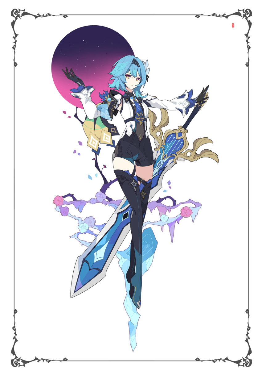 1girl bangs black_hairband black_leotard blue_flower blue_hair blue_neckwear boots breasts cape closed_mouth eula_lawrence flower full_body genshin_impact gloves greatsword hair_ornament hairband highres holding holding_sword holding_weapon ice ideolo leotard long_sleeves looking_at_viewer medium_breasts medium_hair multicolored multicolored_eyes necktie petals purple_flower red_flower rose solo sword symbol_commentary thigh-highs thigh_boots thigh_strap thighs violet_eyes vision_(genshin_impact) weapon white_background yellow_eyes