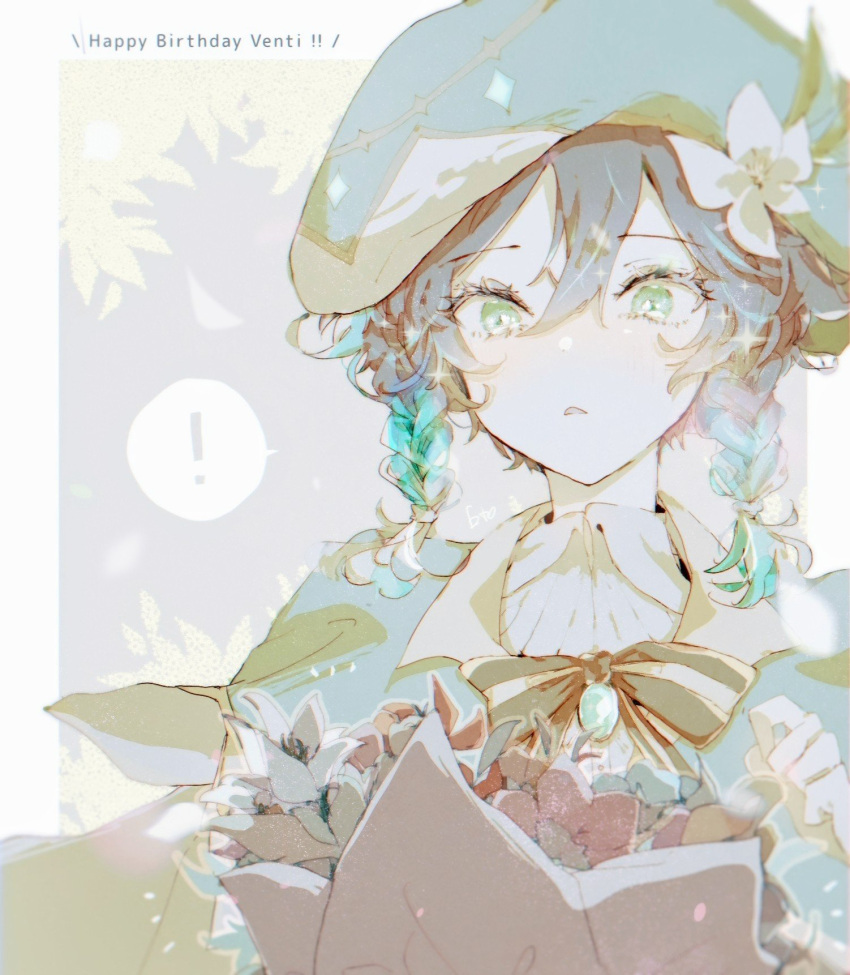 ! 1boy androgynous bangs beret black_hair blue_hair bouquet bow braid brooch cape character_name collared_cape collared_shirt commentary_request english_text et_gnsn eyebrows_visible_through_hair flower gem genshin_impact gradient_hair green_eyes green_headwear hair_flower hair_ornament happy_birthday hat highres jewelry leaf male_focus multicolored_hair open_mouth red_flower shirt short_hair_with_long_locks simple_background solo sparkle spoken_exclamation_mark symbol_commentary twin_braids venti_(genshin_impact) white_flower white_shirt
